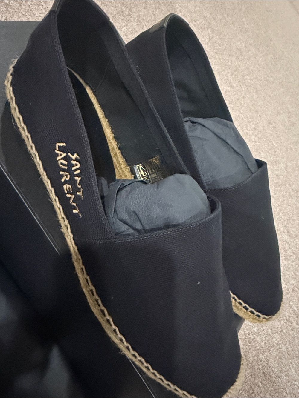 Saint Laurent Black Canvas Espadrille Flats with Rope Trim